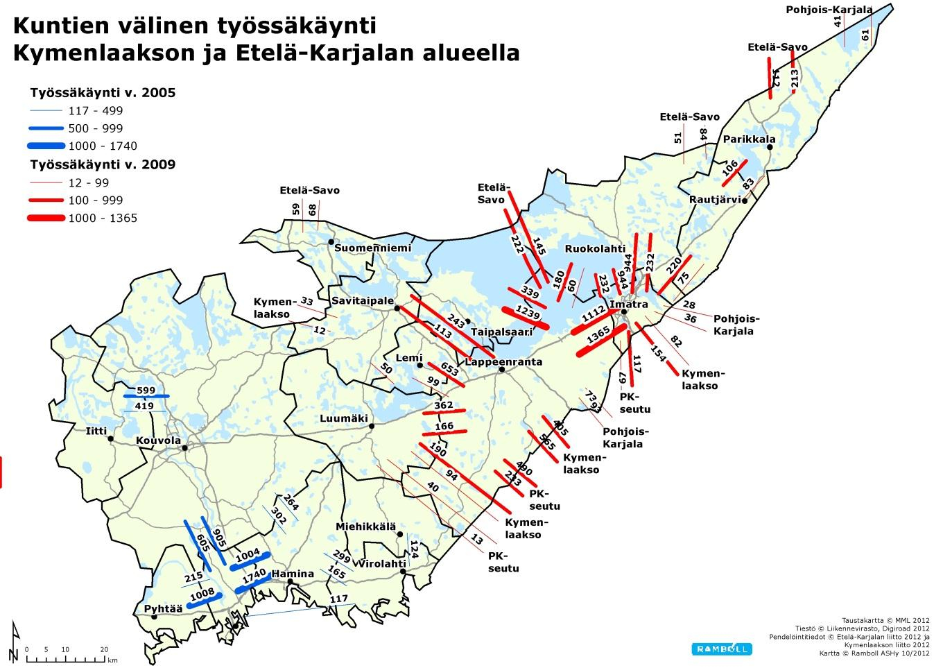 JOUKKOLIIKENTEEN JÄRJESTÄMISTAPASUUNNITELMA 19 3.2.2 Työmatkapendelöinti Suomen Ympäristökeskus (SYKE) on vuonna 2012 selvittänyt työssäkäynti- ja asiointialueet maakunnittain.