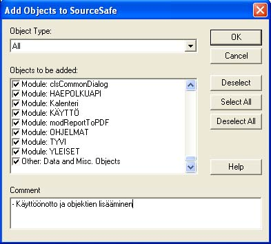 31 Kuva 15. Mallin valinta Ohjelmatietokanta lisätään luotuun tietovarastoon valikosta Tools > SourceSafe > Add Database to SourceSafe.