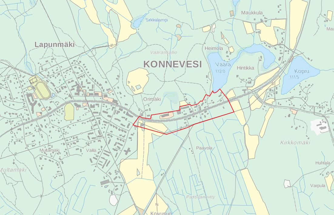 Suunnittelualue Suunnittelualue sijaitsee välittömästi Konneveden keskustan itäpuolella. Kantatie 69 (Kauppatie) halkoo suunnittelualueen itä-länsi -suunnassa.