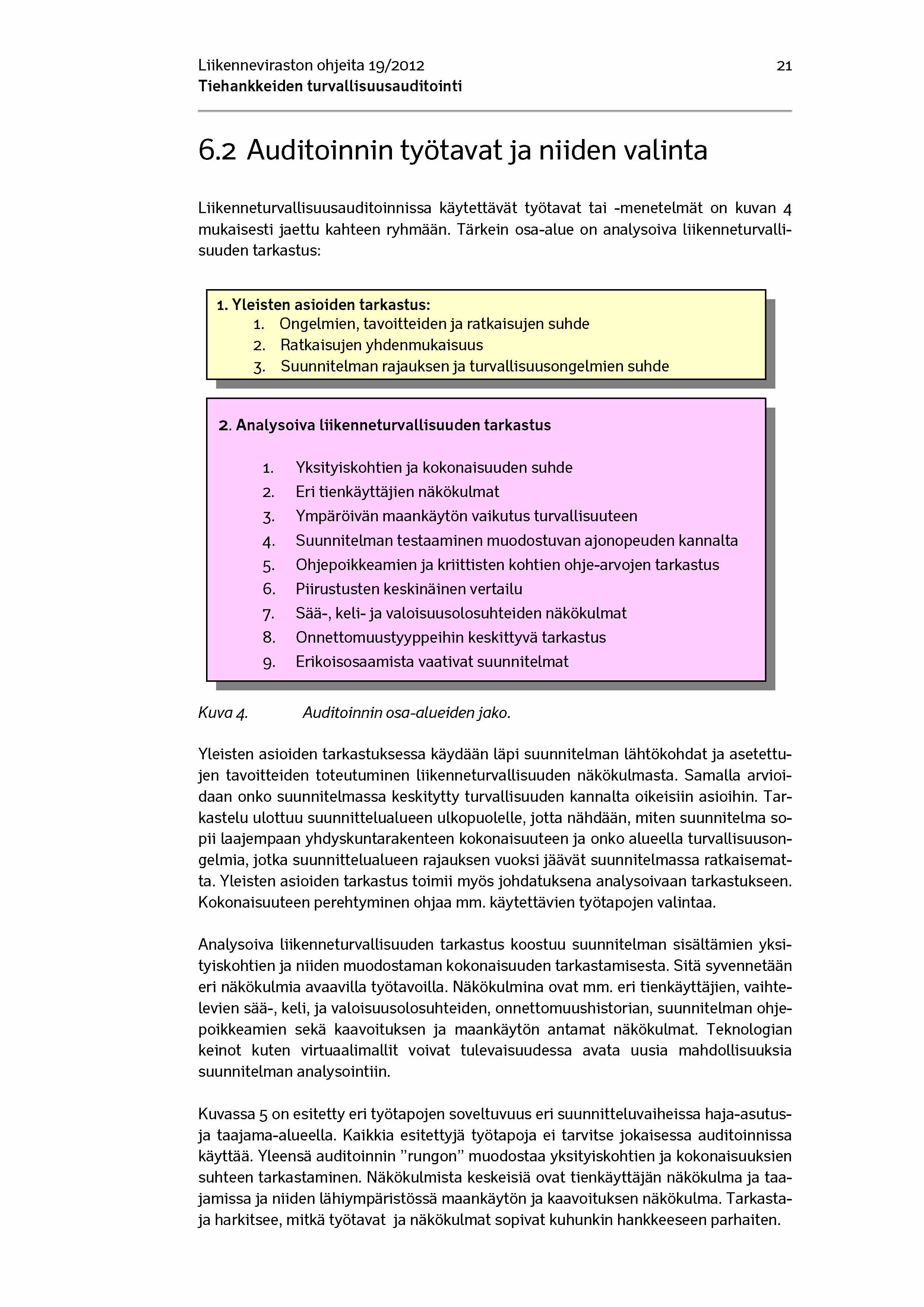 Liikenneviraston ohjeita 19/2012 21 6.2 Auditoinnin työtavat ja niiden valinta Liikenneturvallisuusauditoinnissa käytettävät työtavat tai -menetelmät on kuvan 4 mukaisesti jaettu kahteen ryhmään.