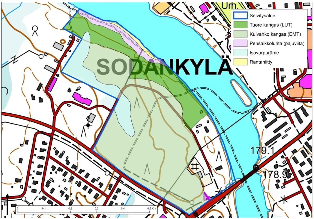 SODANKYLÄN KUNTA moottorikelkkareitti. Alueella on lisäksi muutamia polkuja. Selvitysalueen kasvillisuustyypit on esitetty alla olevassa kartassa ( Kuva 4).