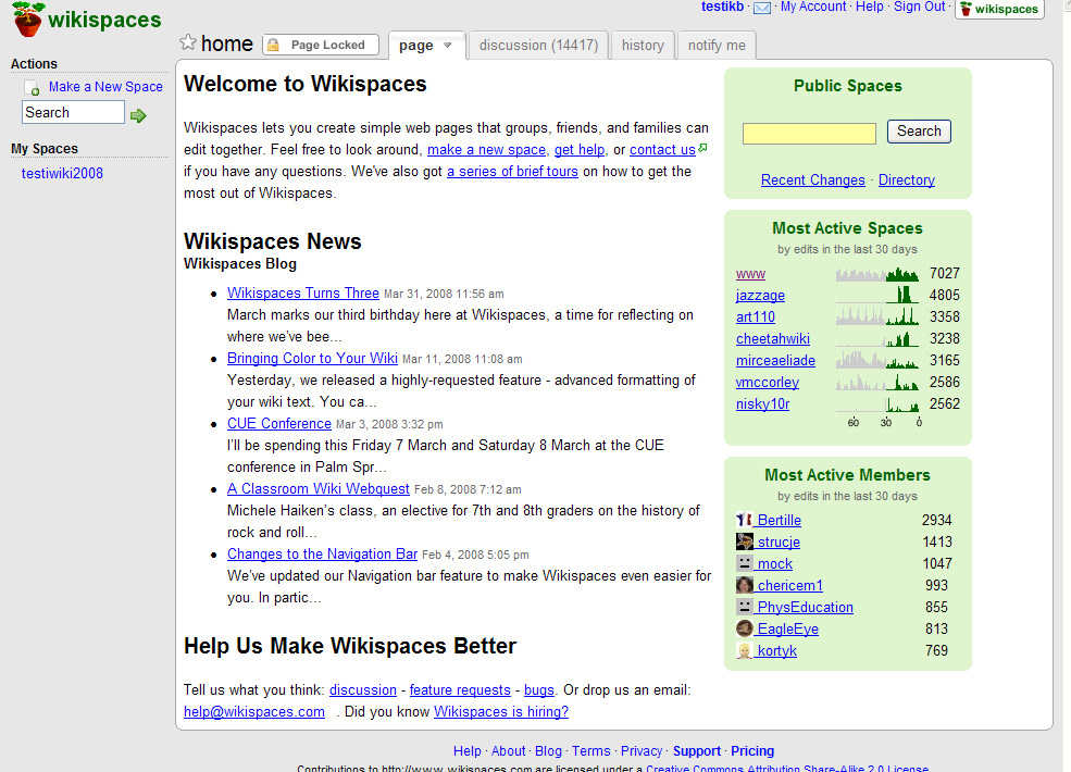 Wikispaces-palvelun etusivun näkymä kirjautumisen jälkeen Linkki omaan wikiisi Profiilin muokkaaminen Uloskirjautuminen Uuden wikin luominen samalle käyttäjätunnukselle Tietoa Wikispaces-wikeistä