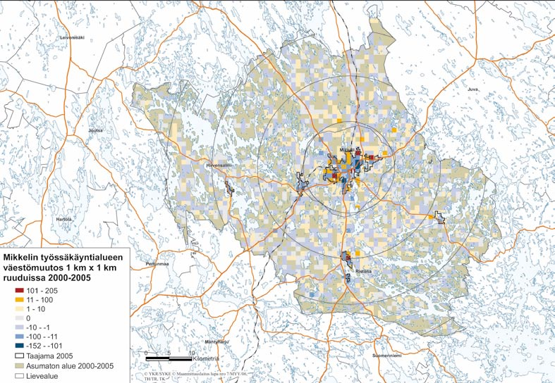 Kuva 22. Väestömuutos 2000 2005 Mikkelin työssäkäyntialueella 1 x 1 km ruuduissa.