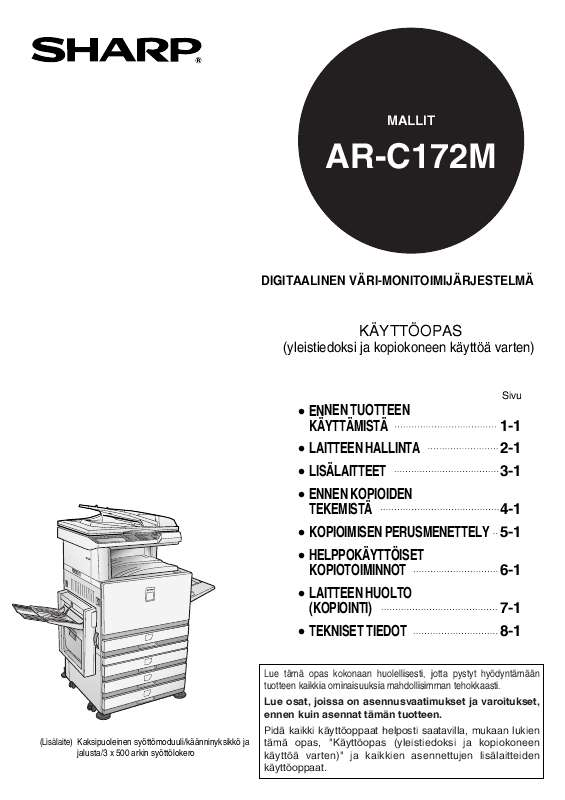 Voit lukea suosituksia käyttäjän oppaista, teknisistä ohjeista tai asennusohjeista tuotteelle SHARP AR-C172M.