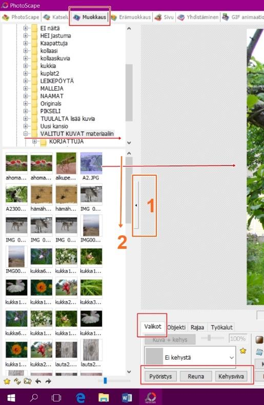Tietokoneen sisältö on näkyvissä vasemmalla. Sieltä pitää nyt hakea A/ kuvakansio (keltaiset) B/ kansiosta kuva, jota haluat muokata. Kuvakansion kuvat saat näkyviin napsauttamalla kansiota.