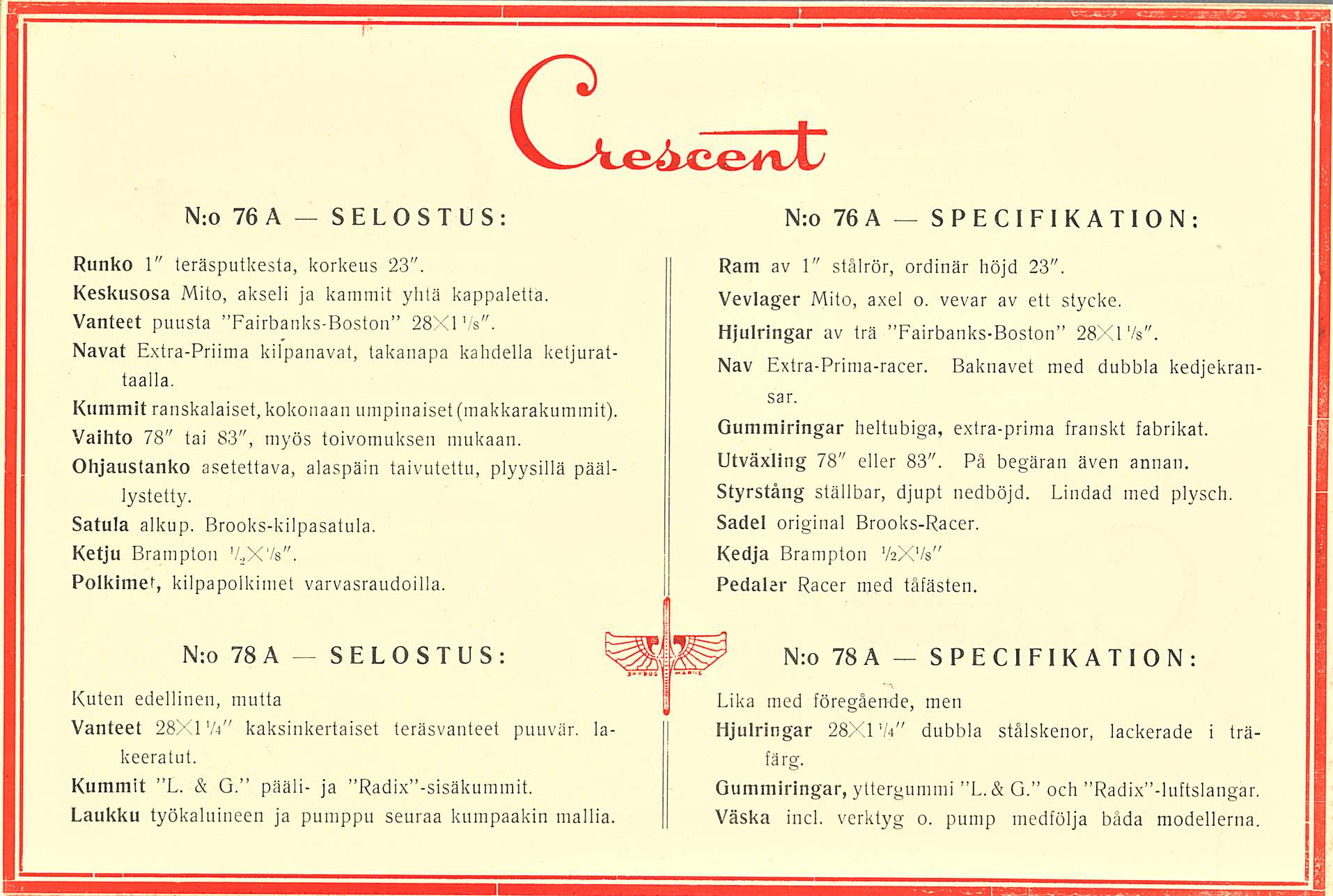 N:o 76 A SELOSTUS:CLai N:o 76 A SPECIFIKATION: Runko 1" teräsputkesta, korkeus 23". Keskusosa Mito, akseli ja kammit yhtä kappaletta. Vanteet puusta Fairbanks-Boston 28X1 Vs".
