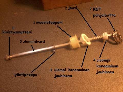 2. Laita muovistoppari (1) sisäpintaan ja laita jousi (2) sisään, sitten keraamiset osat (3 ja 4) alapuolelle 3.