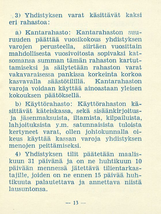 3) Yhdistyksen varat käsittävät kaksi eri rahastoa: a) Kantarahasto: Kantarahaston suuruuden päättää vuosikokous yhdistyksen varojen perusteella, siirtäen vuosittain mahdollisesta vuosivoitosta