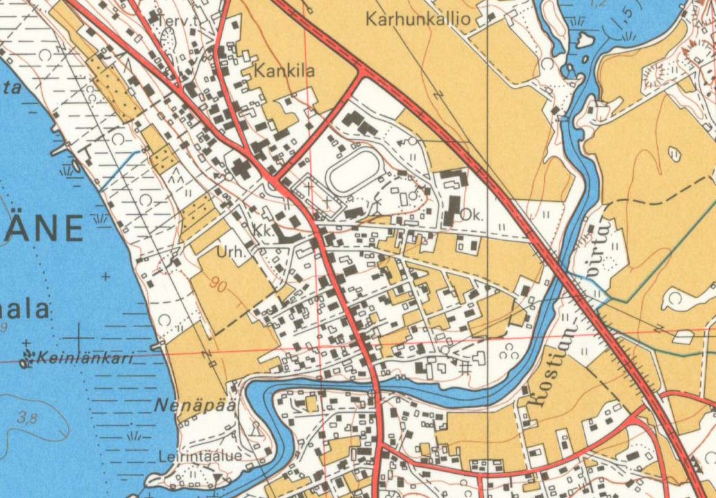 Ote peruskartasta vuodelta 1956. Kartoitus on tehty ilmakuvista vuosilta 1947 ja 1953. Yhteiskoulu valmistui vuonna 1952.