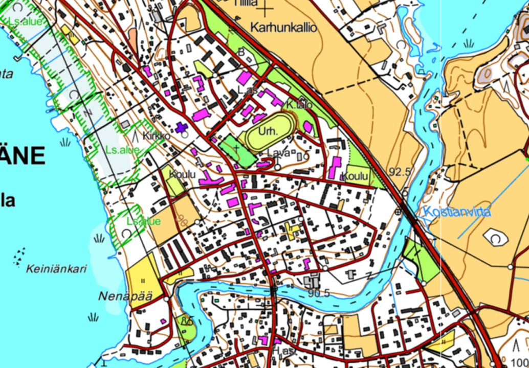 Ote peruskartasta vuodelta 1987. Koulutien varrelle on tullut lisää asuinrakentamista.