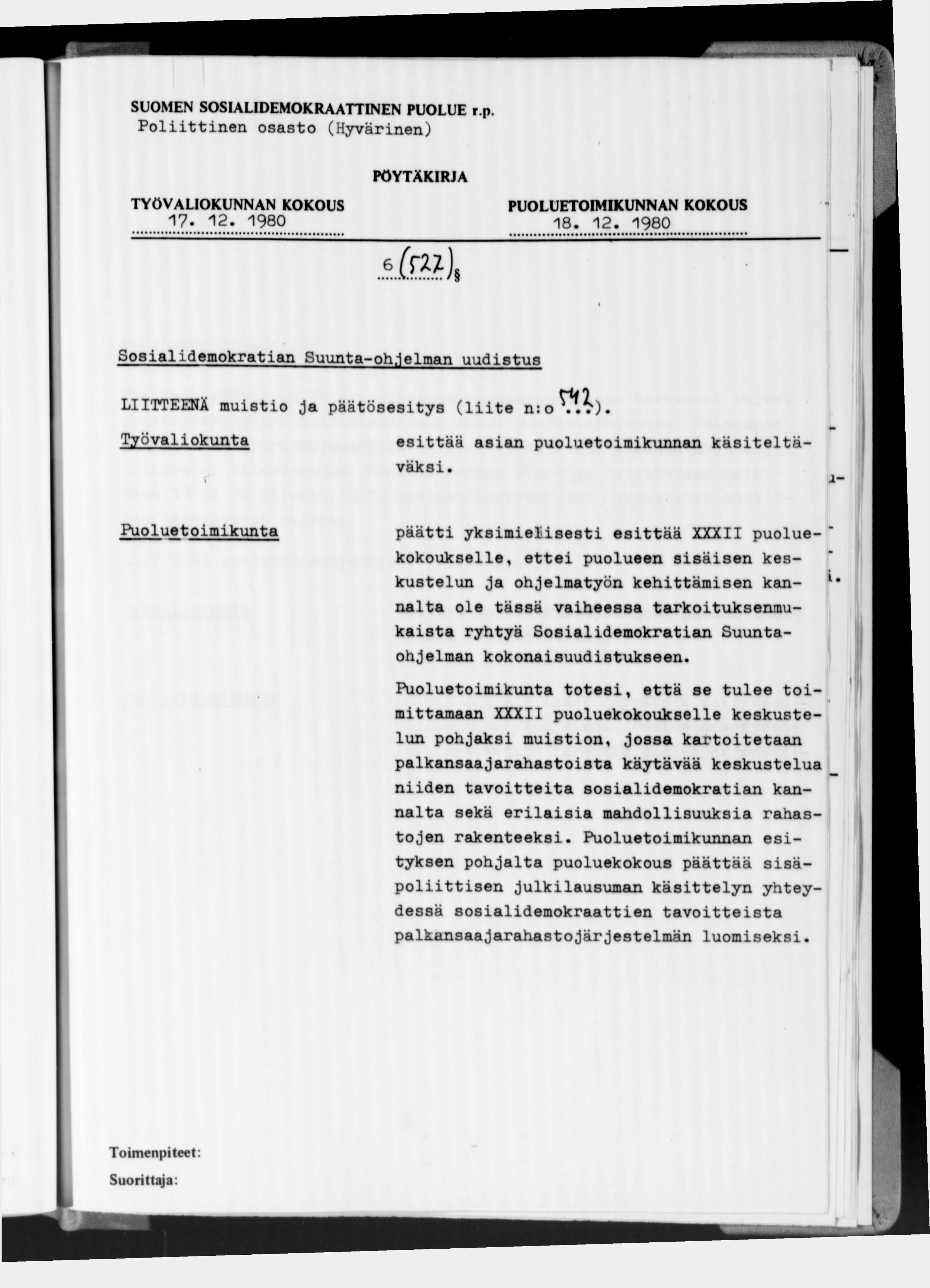 SUOMEN SOSIALIDEMOKRAATTINEN PUOLUE r.p. Poliittinen osasto (Hyvärinen) 17-12. 1980 18. 12. 1980 (ml >.