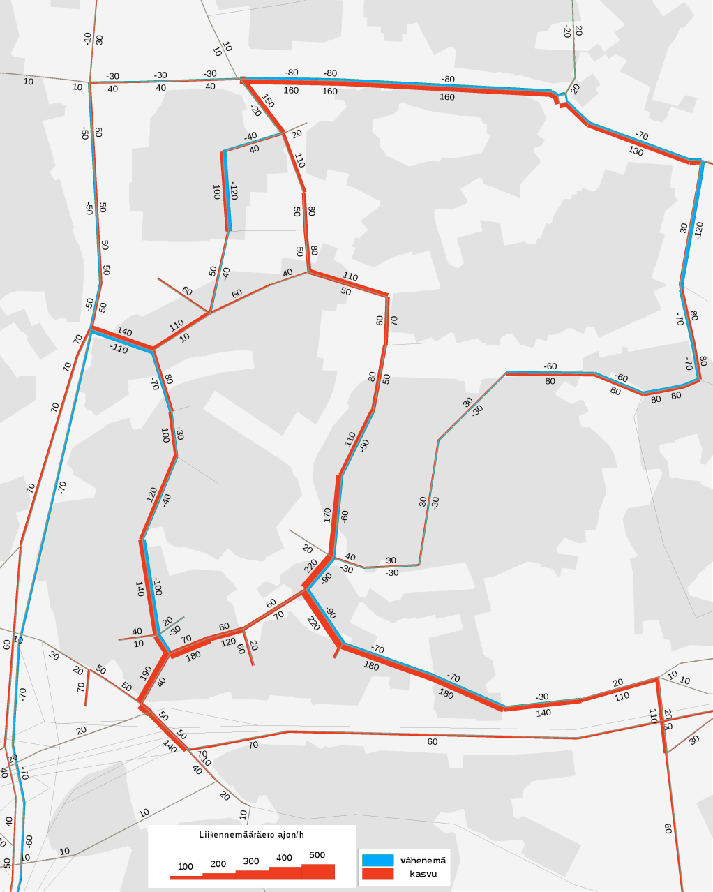 Osayleiskaavavaihtoehdon autoliikenteen iltahuipputunnin kuormitusennuste v. 2040.