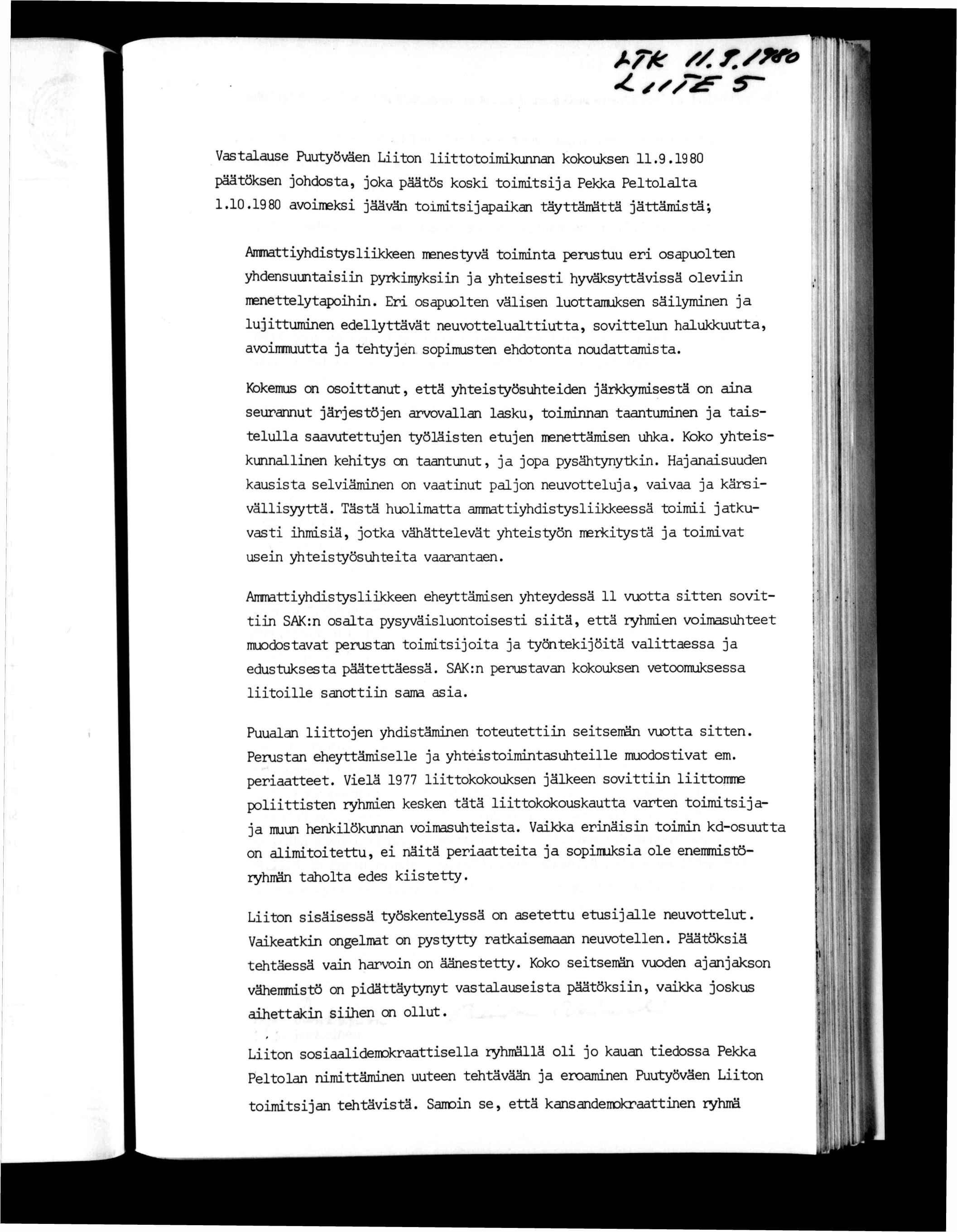 Vasalause Puuyöväen Lon loomkunnan kokouksen.9.980 
