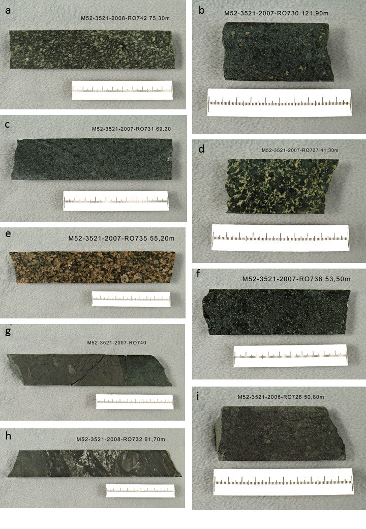 Kuva 8. Hautakankaan eri kivilajeja halkaistuissa kairasydämissä.