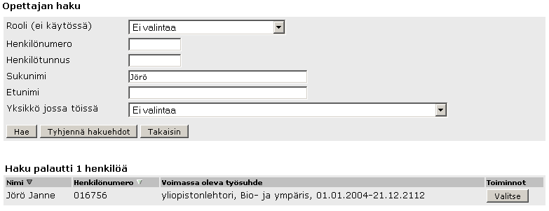 12 Hakeaksesi uuden opettajan, syötä valkoiseen kenttään opettajanumero ja klikkaa Hae.