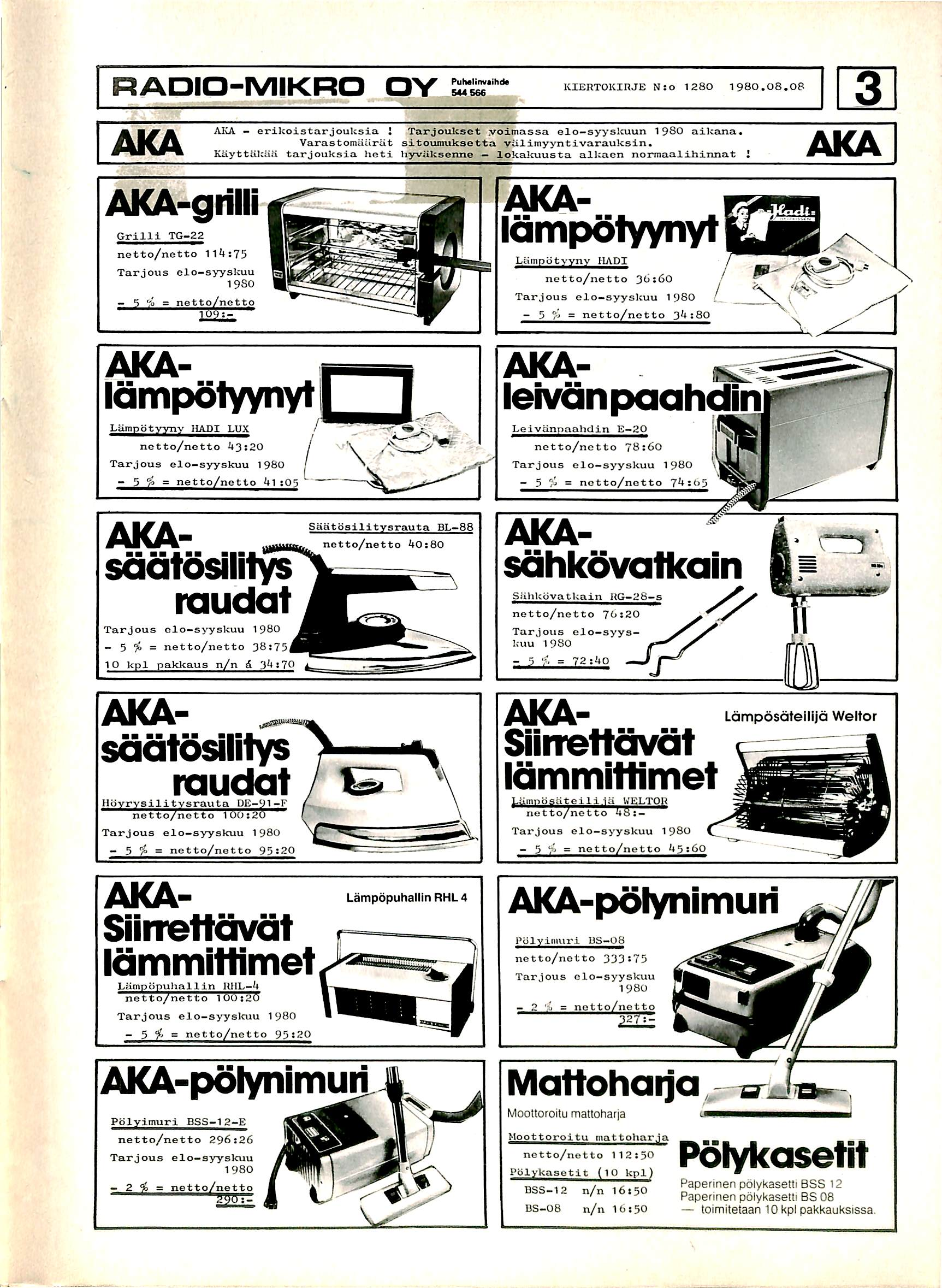 RADIO-MIKRO OY Puhalinvaihda 544 S66 K I E R T O K i n j E N : o 1 2 8 0 1 9 8 0. 0 8. 0 8 AKA A K A - c r l k o i s t a r j o u k s i a! T a i ' J o u k s e t.