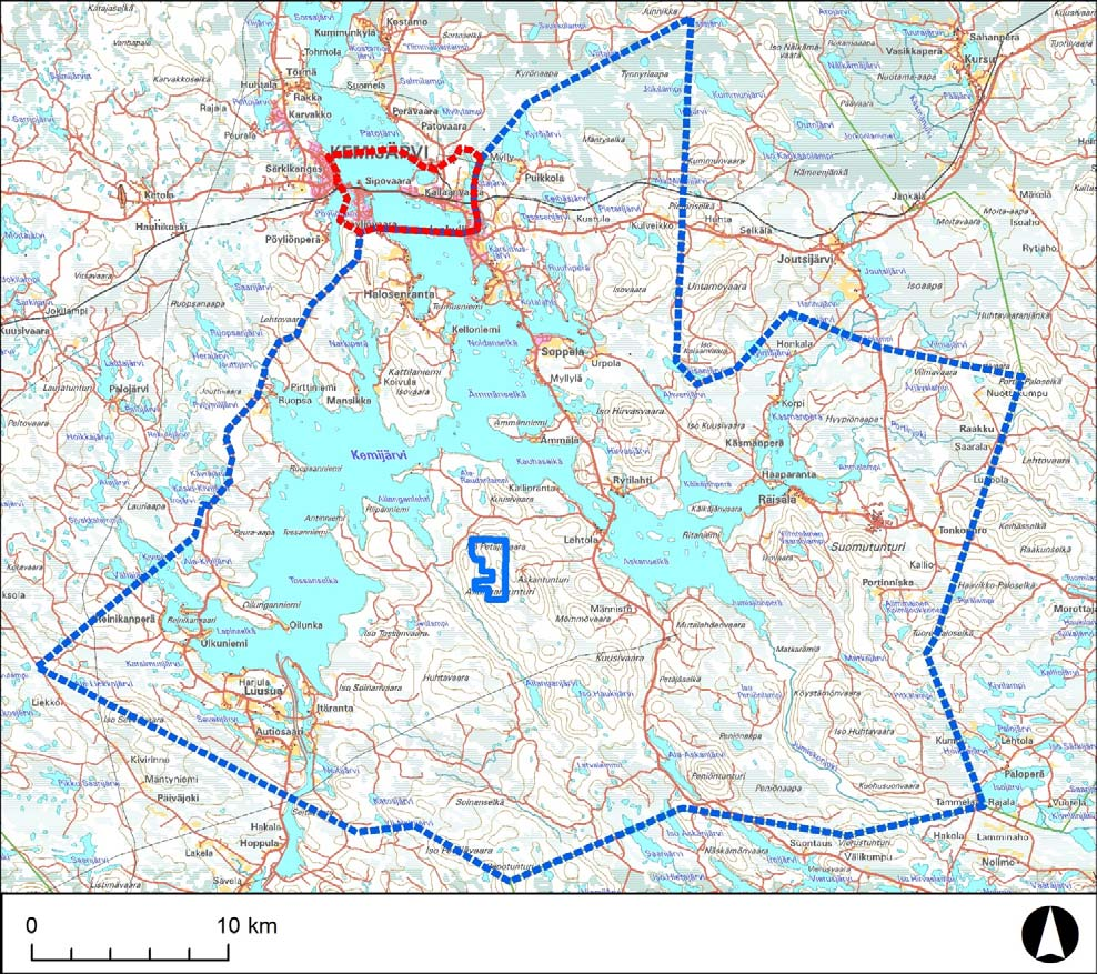 Kuva 1. Ailangantunturin tuulipuistoa koskeneen asukaskyselyn otanta alueet (sininen otantaalue 1, punainen otanta alue 2)