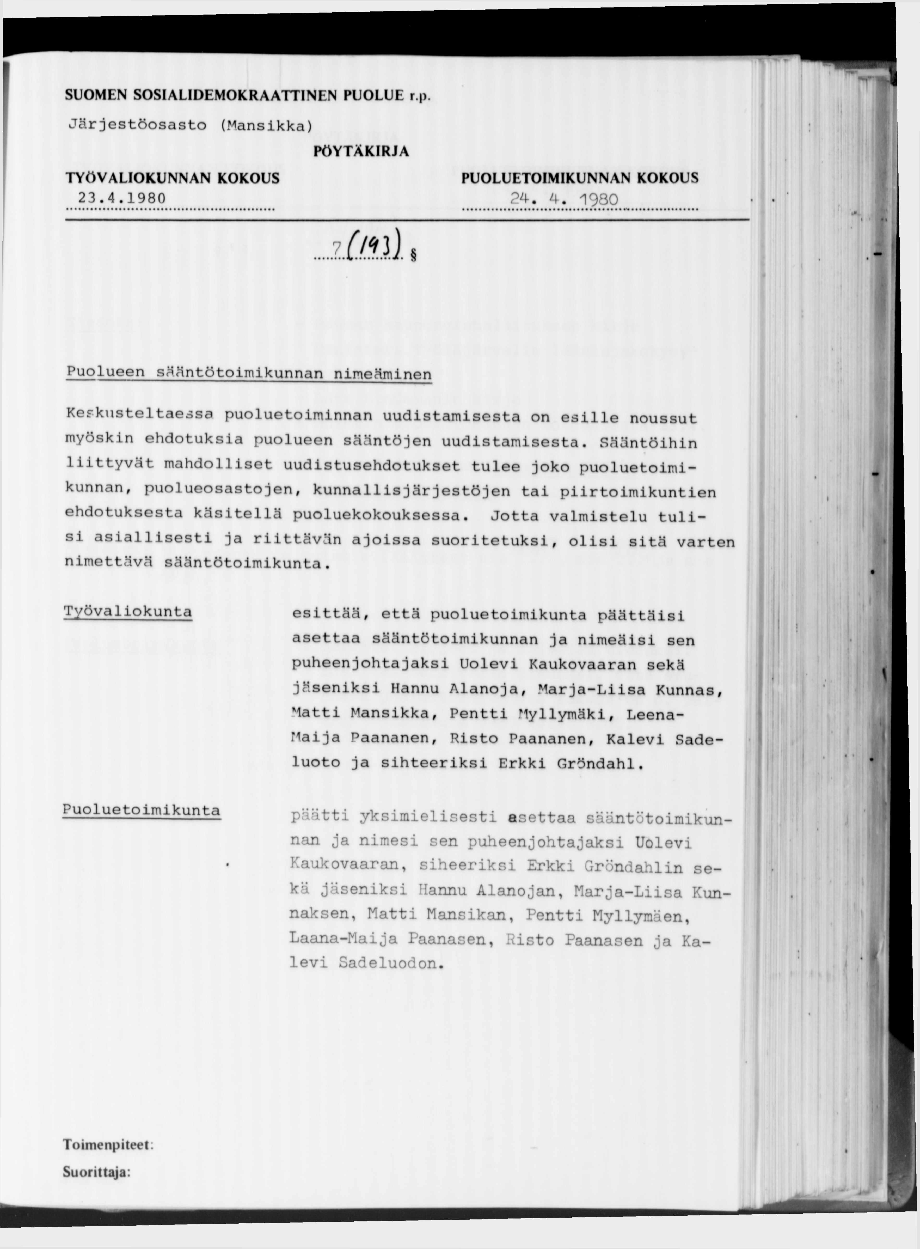 SUOMEN SOSIALIDEMOKRAATTINEN PUOLUE r.p Järjestöosasto (Mansikka) 23.4.1980 24. 4. 1980.
