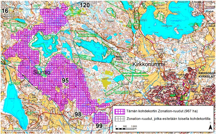 Siuntio Kirkkonummi, Zonation-aluetunnus 95 SIUNTIO KIRKKONUMMI (95) Alue sijaitsee Siuntion kaakkoisosissa kuntakeskuksen itäpuolella Bölen ja Djupbäckin kylien välissä pääosin metsäisellä ja
