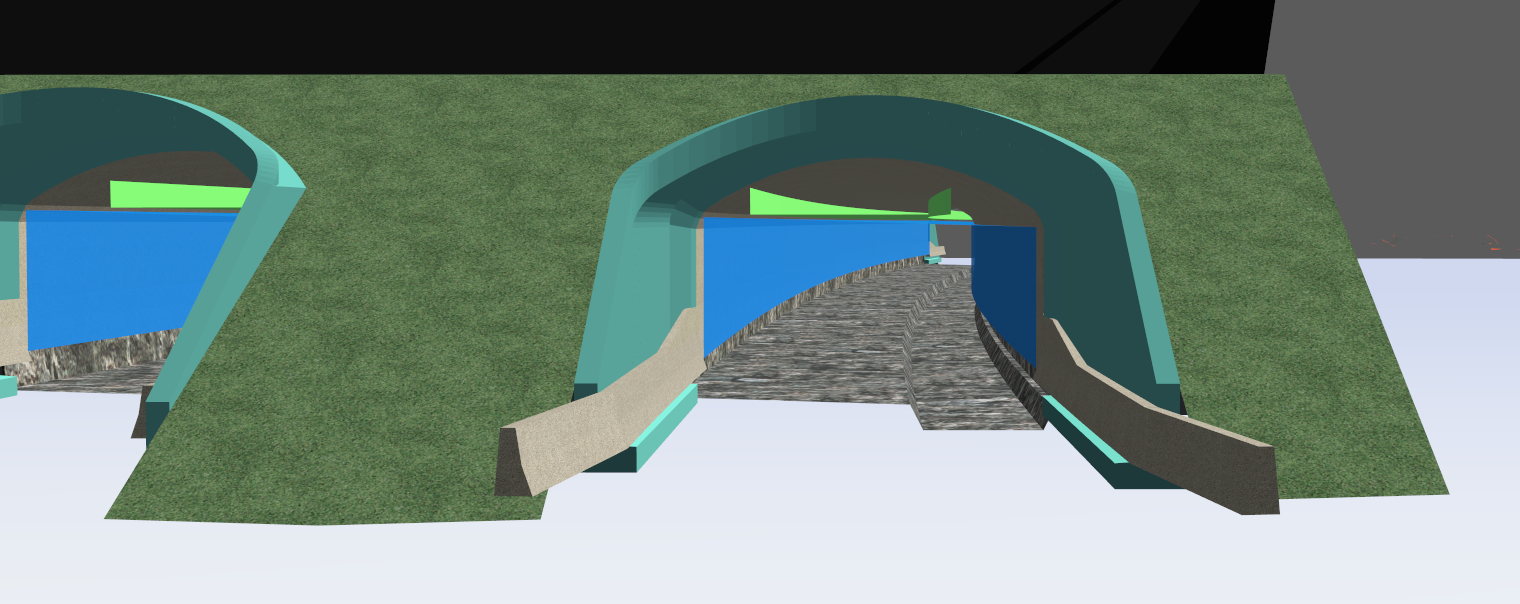 33 (44) Kuva 17. Esimerkki tunnelin suuaukon mallinnuksesta. Malli sisältää tiesuunnitelmavaiheessa esitettyjen rakenteiden lisäksi liikenne- ja varustetilaa kuvaavia immateriaalisia objekteja.