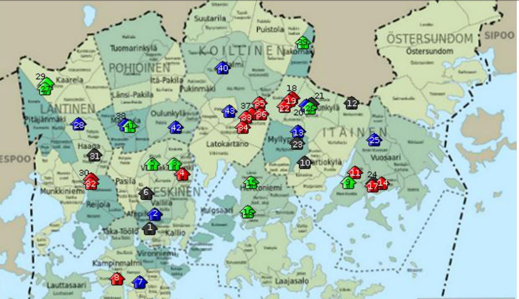 Kuva 1. Helka ry:n selvityksessä mukana olleet asukastilat Helsingin kartalla. Kuvalähde: Savolainen Päivi 2012: Katsaus helsinkiläisiin asukastiloihin, Helka ry Karttapohjan tekijä: Oona Räisänen.