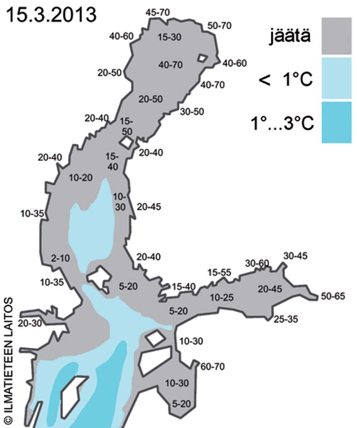 Maaliskuu oli harvinaisen kylmä myös merialueilla Maaliskuun kylmyys laajensi jäällistä aluetta. Jäätalven huippukohdan määrittäminen on ollut hankalaa.