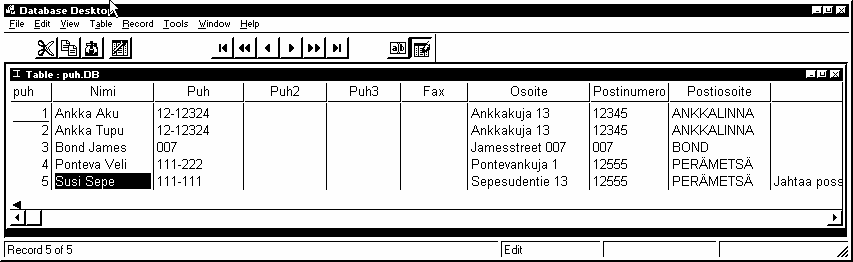 Kuva 3.4 Valmis tietokantataulu 3.2.2 Delphi-sovellus, joka käyttää valmista taulua Nyt kun meillä on valmis tietokantataulu, voimme tehdä Delphi-sovelluksen, jolla taulua käsitellään.