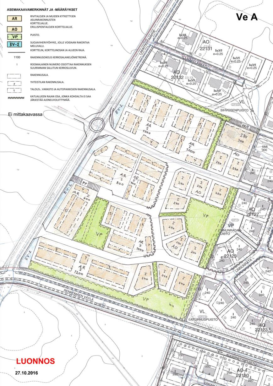 Alustava kaavaluonnos VeA 13 omakotitonttia (AO) 7 rivitalotonttia (AR), n.