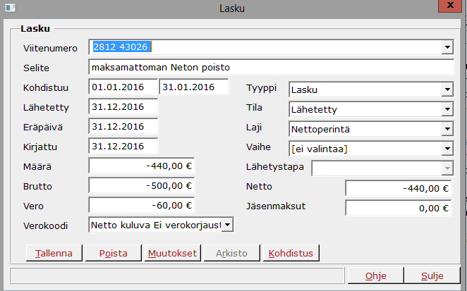 Laskut avattuina: Huom.! Viitenumero kannattaa näissä tapauksissa kopioida alkuperäiseltä laskulta, jotta pysyy samana. Lopuksi kohdista negatiiviset laskut valitsemalla Toiminnoista Kohdista maksut.