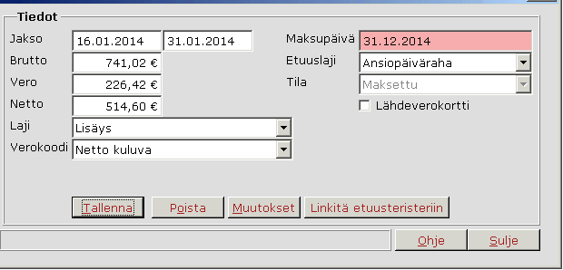 Viedään jaksolle oikea perittävä aika. Summaksi Netto edellinen ei verokorjausta -verokoodille jäävä summa. Lajiksi Lisäys, verokoodiksi Netto kuluva ja maksupäiväksi 31.12.