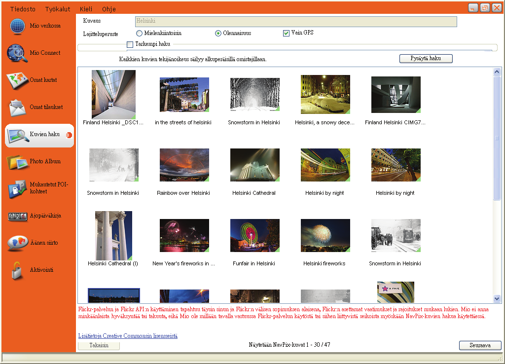 Kuvien haku Kuvien haku on Flickr -palveluun perustuva MioMore Desktop-sovellus, jolla voidaan ladata valokuvia Photo Albumiin.