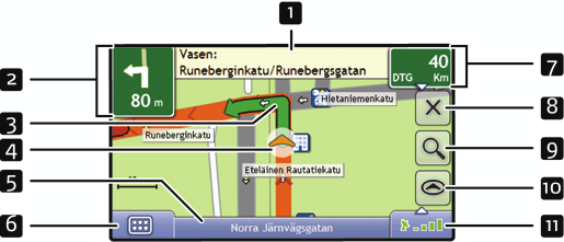 Kaksiulotteinen karttanäyttö 2D-kartalla näkyvät nykyinen sijainti (jos GPS-paikannus on käytössä) sekä lähikatujen nimet. Jos on laskettu reitti, reitti ja käännökset näkyvät korostettuina.