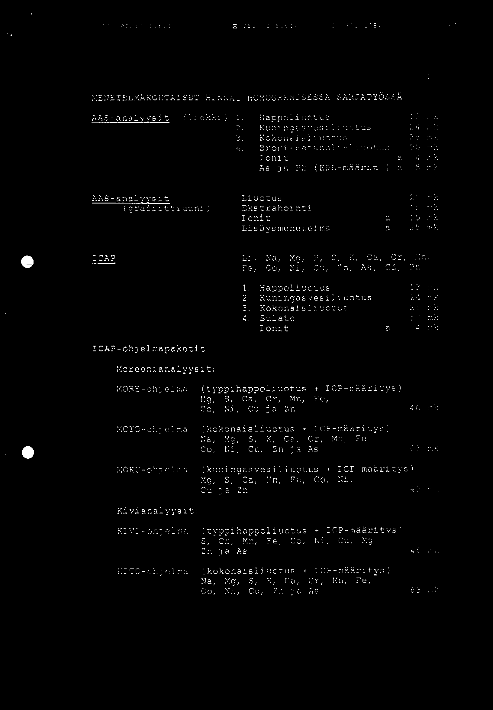 '88 02/19 11:11 Z 358 73 56610 OK/GRL LREI. 83 2 MENETELMÅKOHTAISET HINNAT HUMOUsLNXSESSA SARJATY6SSÅ AAS-anal sit (liekki) 1. Happolluotus 13 mk 2. Kuningasvesiliuotus 24 mk 3.