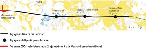 5(36) 2.1 Vaihtoehto Nollaplus Nykyistä tietä parannetaan mm. lisäkaistojen, liittymien kanavoinnin, liittyvien teiden (maankäyttöliittymien) järjestelyjen, kevyen liikenteen järjestelyjen yms.