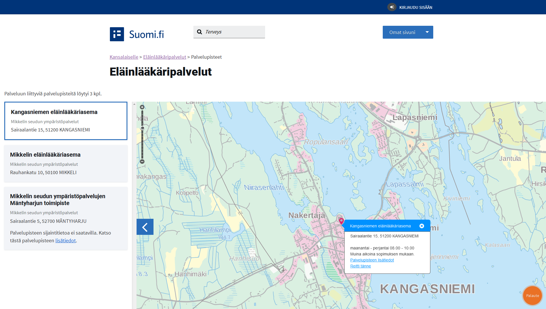 Palveluun liittyvät palvelupisteet Suomi.fi kartat (=hallinnon karttapalvelu) palvelupisteiden esittämiseen.