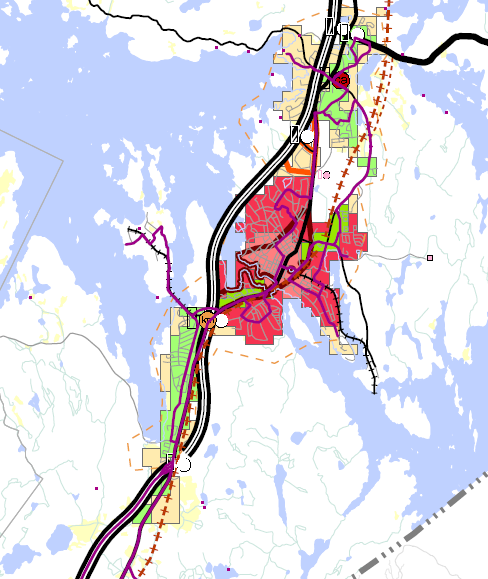 Kuva: Kaupan ja keskusten sijoittuminen yhdyskuntarakenteen vyöhykkeille Heinolan kaupunkiseudulla (C- ja KM-aluevaraukset esitetty rajaviivalla) Päijät-Hämeen kaupan palvelurakenneselvityksessä