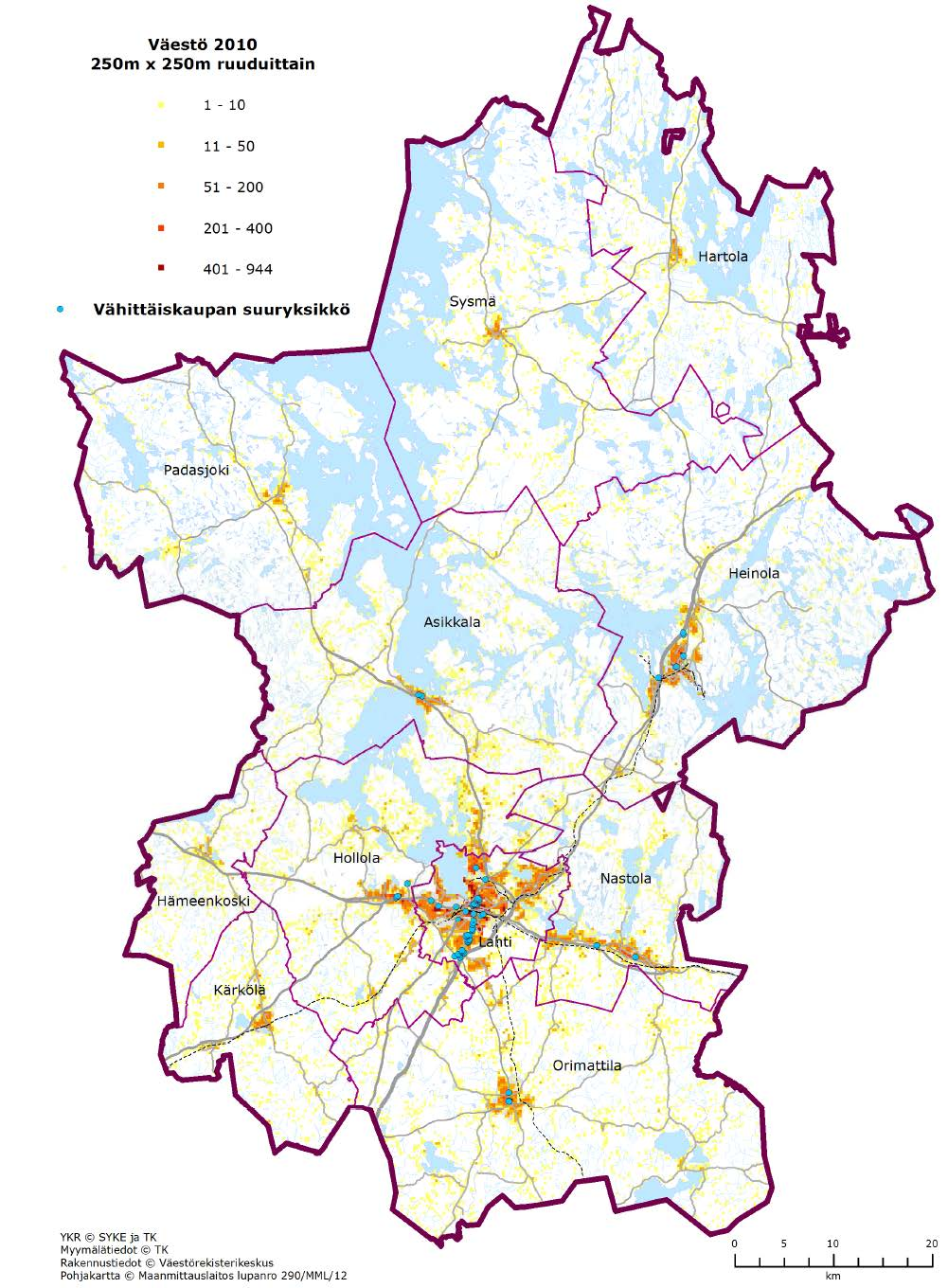 Kuva: Päijät-Hämeen vähittäiskaupan suuryksiköiden (>2000 k-m2) sijainti. (Päijät-Hämeen kaupan palvelurakenneselvity, 2012) Vastaavasti myös maakunnan pienten kuntien osalta on mm.