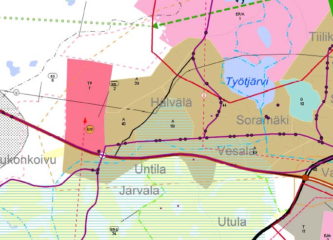 Kuva: Kukonkoivun km2 ja violetilla paikallisliikenteen nykyiset reitit pysäkkeineen Kukonkoivun kohteen enimmäismitoitukseksi esitetään yhteensä 12 000 k-m 2, joka olisi tilaa vaativaa kauppaa.