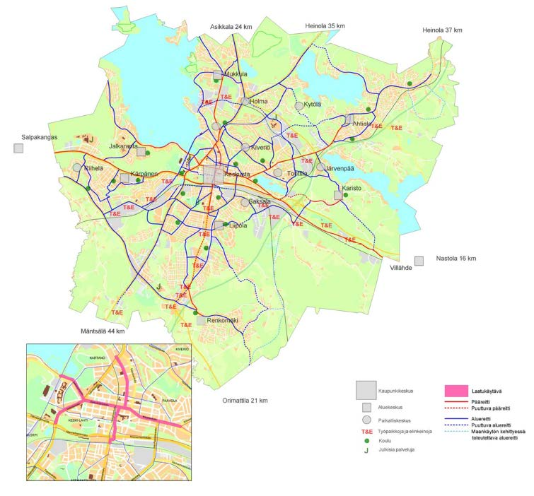 Kuva: Lahden kaupungin pyöräilyn (ja jalankulun) tavoiteverkko 2025 (Lahden kävelyn ja pyöräilyn kehittämissuunnitelma 2025, Ramboll 2012) HOLMA KM4 Holman vähittäiskaupan suuryksikköjen alue