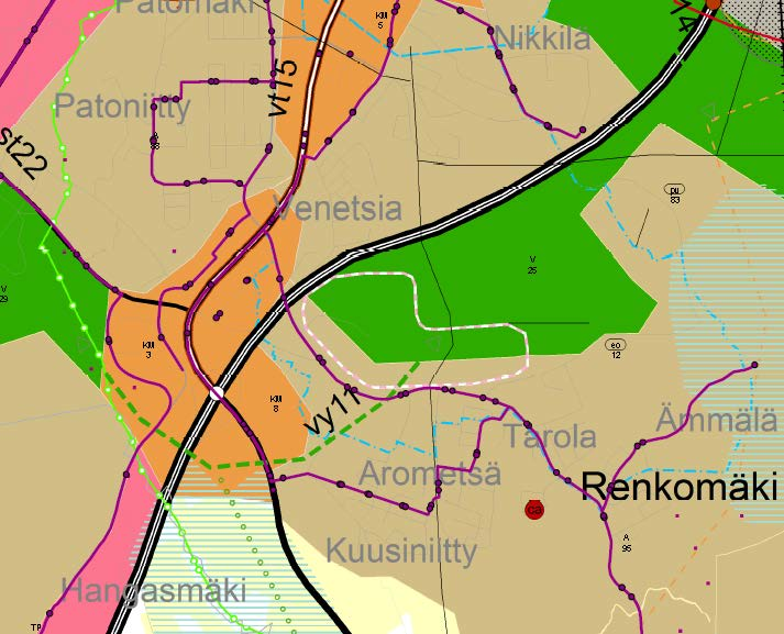 Enimmäismitoituksena Renkomäki KM3 alueelle on osoitettu 243 000 k-m 2 ja itäosan KM8 alueelle 50 000 k-m 2. Lahden kaupunki on asemakaavoittanut alueille 238 000 k-m 2.