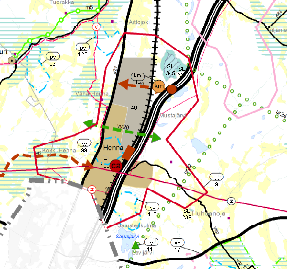 moottoritielle uusi liittymä, josta on Hennan lainvoimaisessa osayleiskaavassa esitetty uusi tieyhteys vanhalle Helsingin tielle (st 140). NIMI KAAVAMTYÖPAIKAT 31.12.