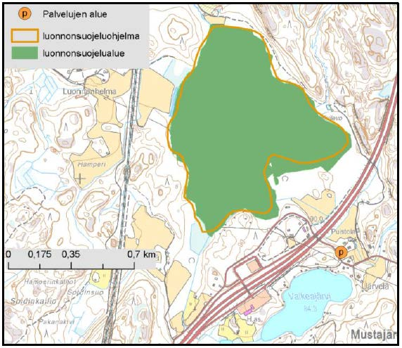 Kuva: Tekemäjärven lintuvesien suojeluohjelman kohde ja vuonna 2008 vahvistetun maakuntakaavan Tuuliharjan palvelujen alue (Kaupallisten palveluiden sijoittuminen Päijät-Hämeessä, vaikutukset