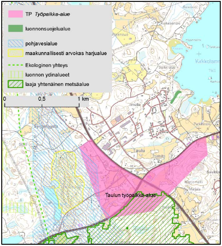 Kuva: Vuonna 2008 vahvistetun maakuntakaavan työpaikka-alue ja ympäröivät luontoarvot (Kaupallisten palveluiden sijoittuminen Päijät- Hämeessä, vaikutukset luontoon, ympäristöön ja kulttuuriarvoihin,