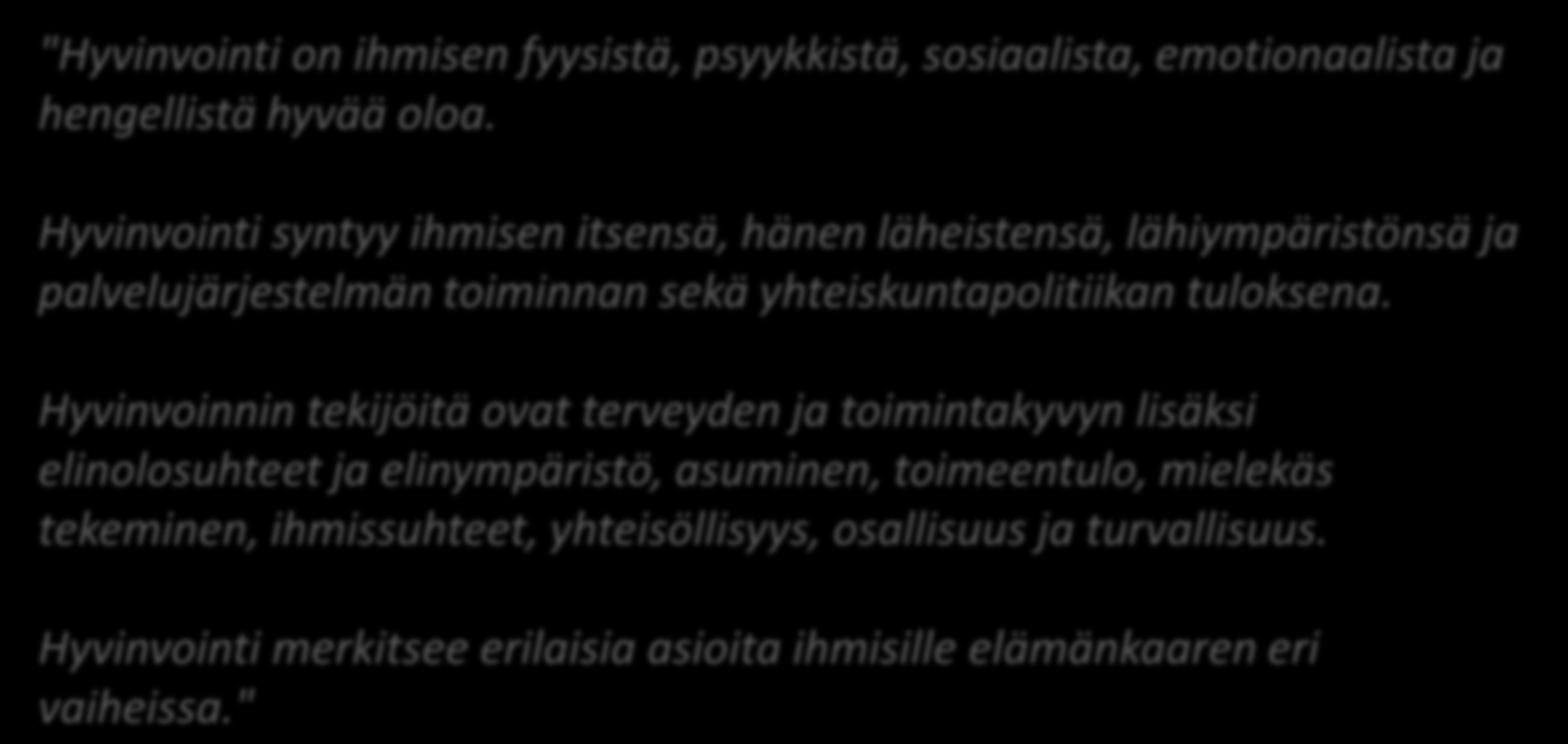 Hyvinvoinnin tekijöitä ovat terveyden ja toimintakyvyn lisäksi elinolosuhteet ja elinympäristö, asuminen, toimeentulo, mielekäs tekeminen,