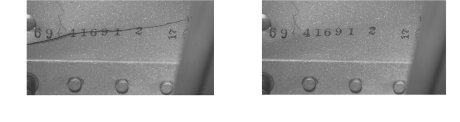 21 Kuvio 15. Vasemmassa yläkulmassa on kuva halkeamasta ja oikeassa yläkulman kuvassa ei ole halkeamaa. Kahdessa alemmassa kuvassa kuvia on sumennettu havainnollistamaan alentunutta näöntarkkuutta.