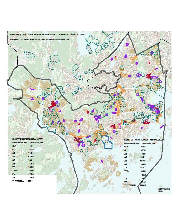 Espoon eteläosien yleiskaavan uudet ja kehitettävät alueet Kaavoitusohjelman 2010-201 3 asemakaavoituskohteet Säilyvät alueet Kehitettävät alueet Uudet alueet Kaavoitusohjelma 2010-13