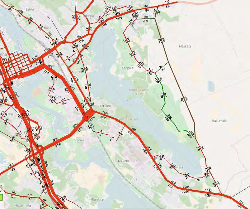 Liikenteen kasvu katuverkolla, nykytila vs. 2040 (ajon/vrk) VE0+ vs.