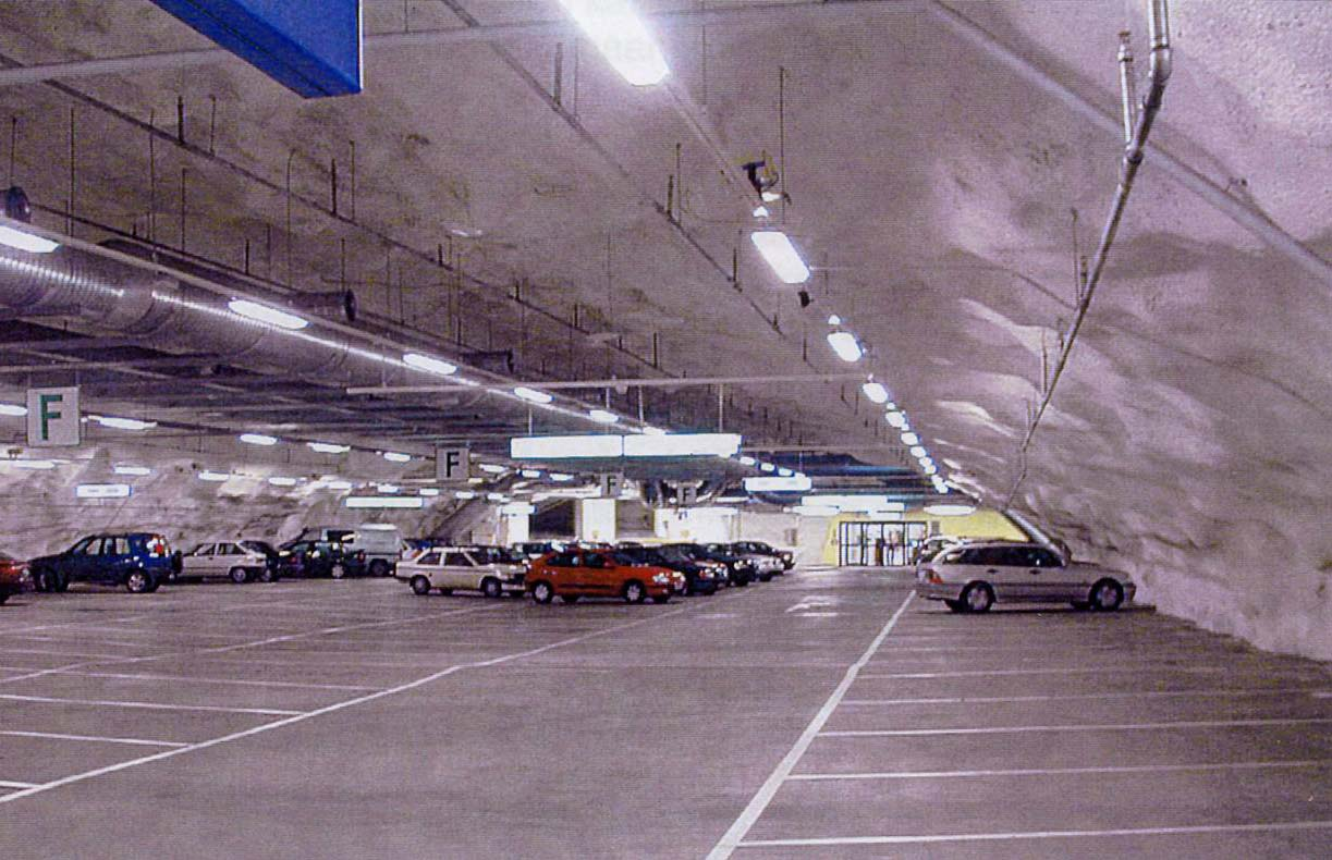 Underground parking in a nutshell in rock 25 m deep, concrete coating open space, less pillars warm in winter, cool