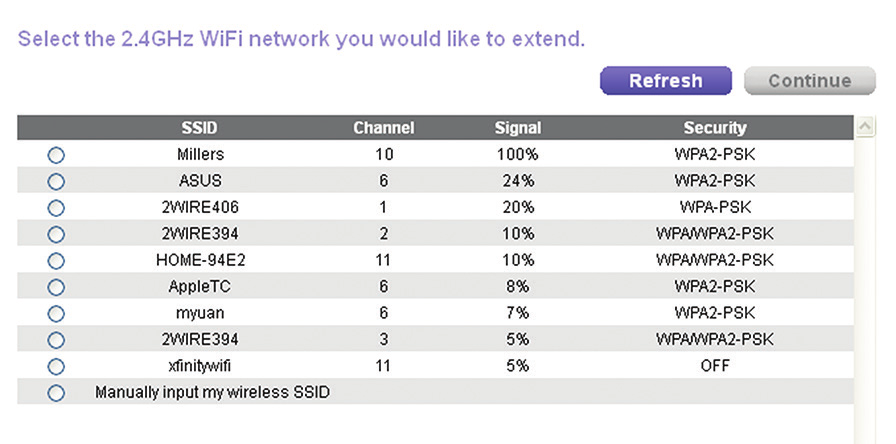 NETGEAR genie -näyttö avautuu. 3. Valitse WiFi Range Extender (Wireless) (WiFi-kantaman laajennin [langaton]) -radiopainike ja napsauta Continue (Jatka) -painiketta.