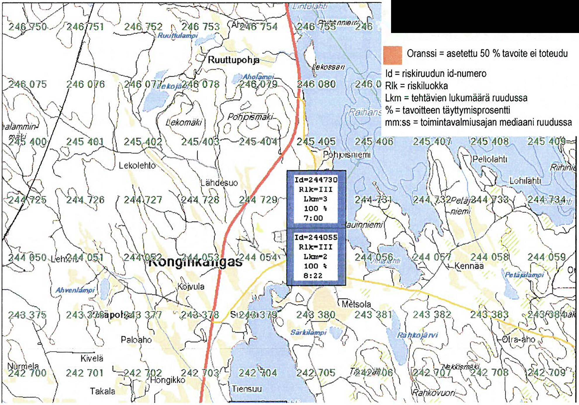 ..,cxl(, n 'tsl<=, D M.-JO<<a 3 l:'.@jp,u:.i,,n:;,u,,., Rahfovuod 7 Ruudun tietojen selitykset: Sininen = asetettu 50 % tavoite toteutuu Kuva 53. Konginkankaan taajama.